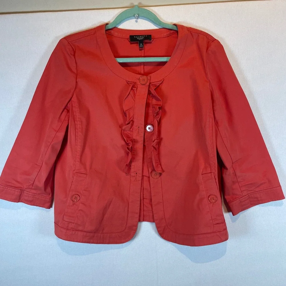 Talbots Petites Coral Red Ruffle‎ Front 3/4 Sleeve Blazer Jacket Size 12P - Picture 6 of 6